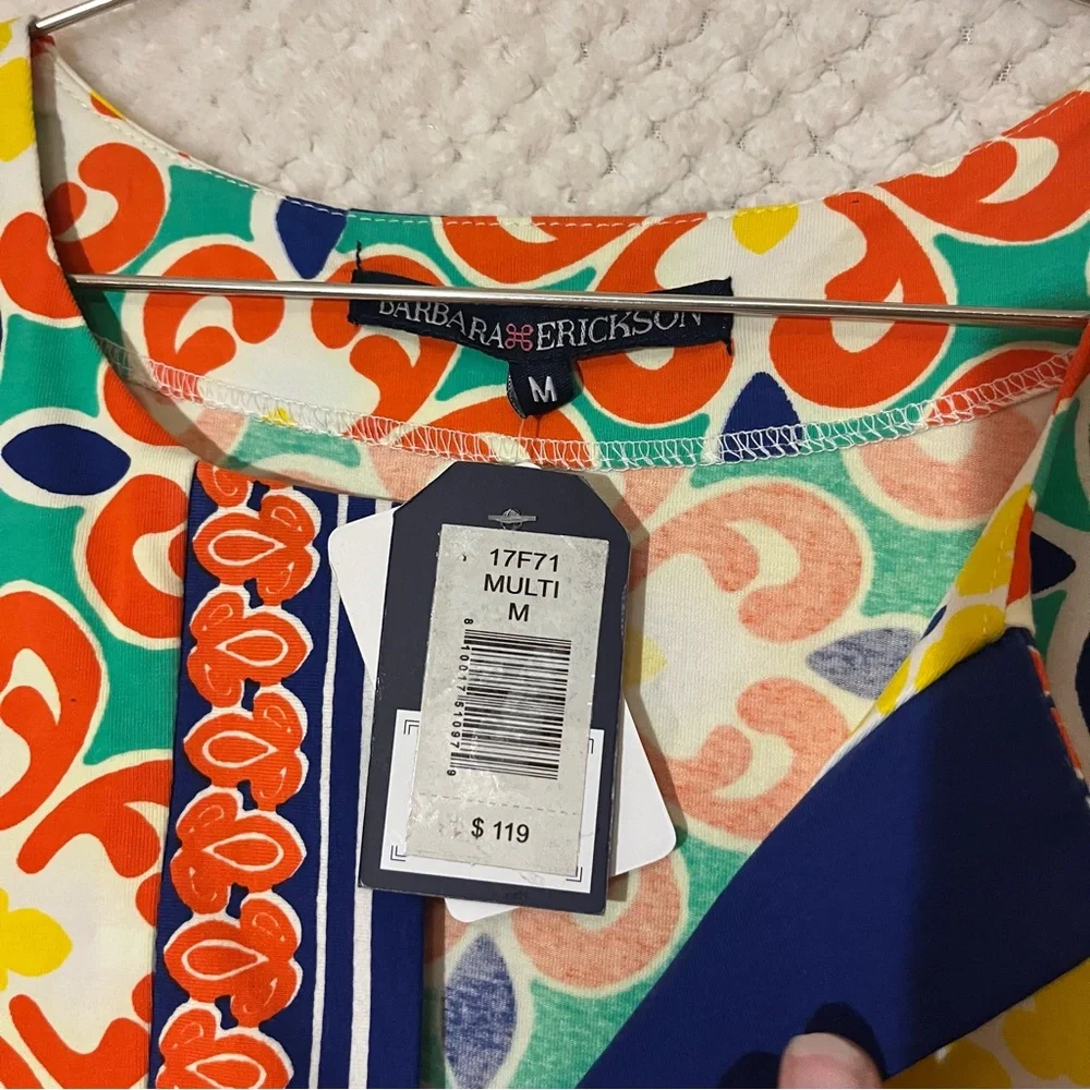 Barbara Erickson Womens Shift Dress Split Neck Cotton Blend Colorful Medium NWT - Picture 3 of 9
